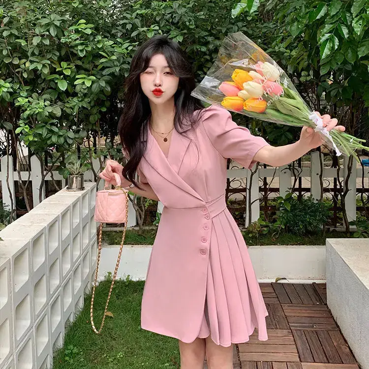Women Summer Asymmetrical Pleated Skirt Suit Pink — feature 44