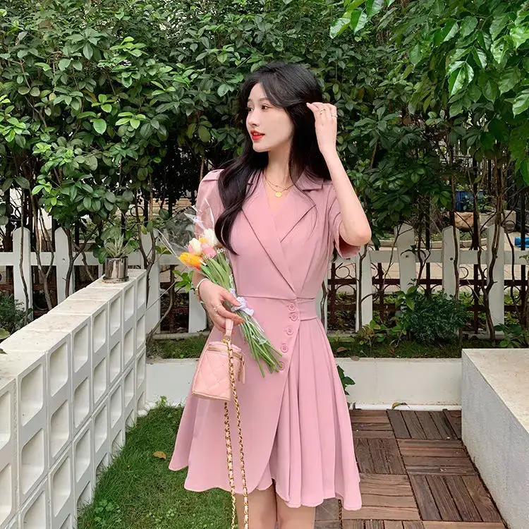 Women Summer Asymmetrical Pleated Skirt Suit Pink — feature 45