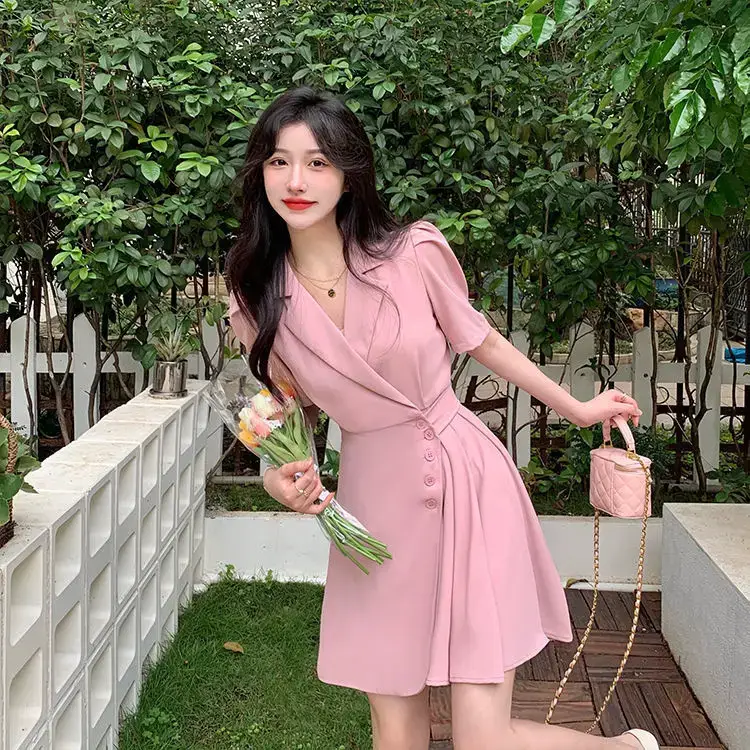 Women Summer Asymmetrical Pleated Skirt Suit Pink — feature 46