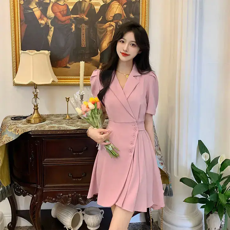 Women Summer Asymmetrical Pleated Skirt Suit Pink — feature 47