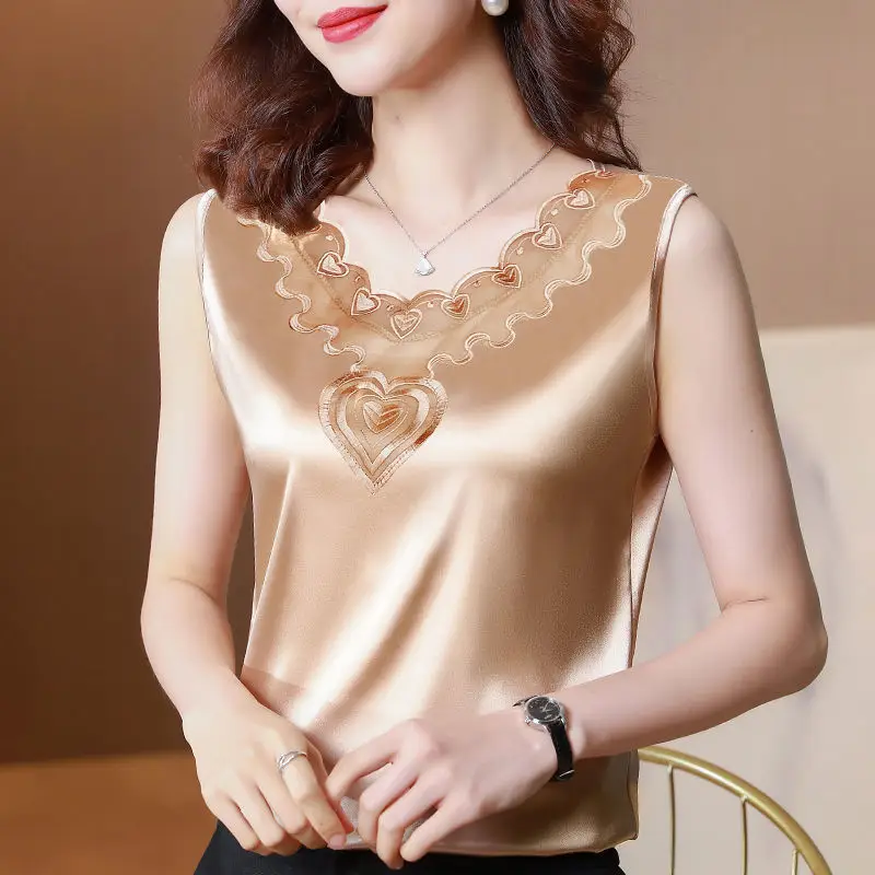 Women Satin V-Neck Lace Camisole Large