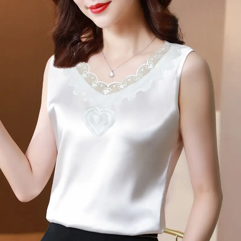 Women Satin V-Neck Lace Camisole Large