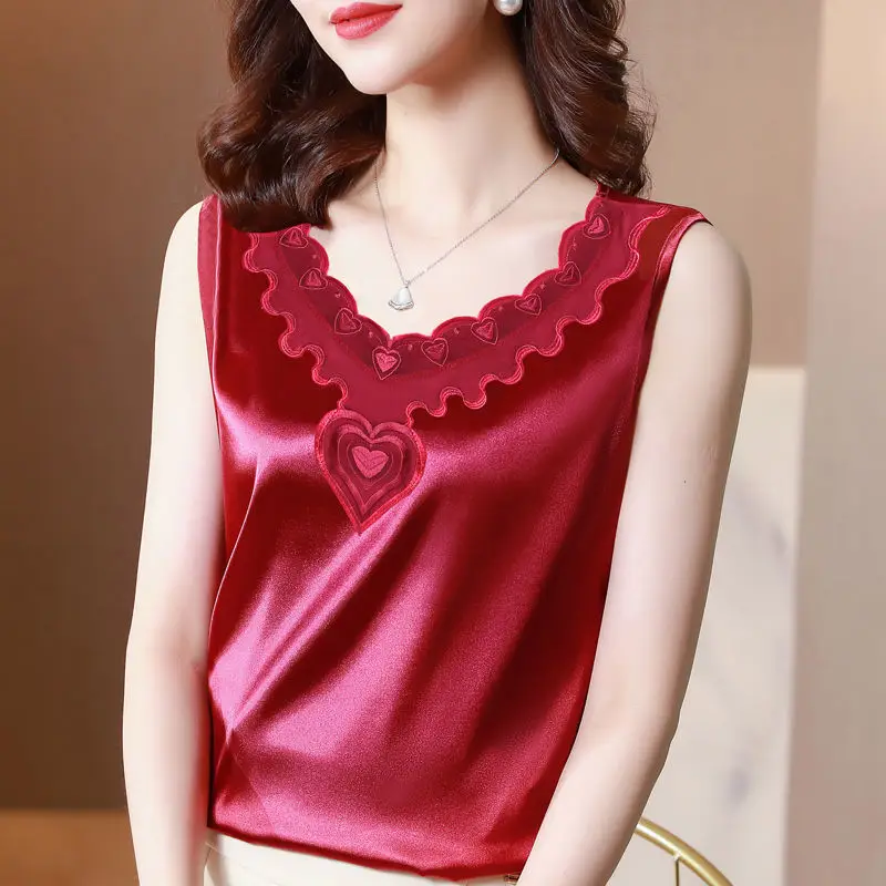 Women Satin V-Neck Lace Camisole Large