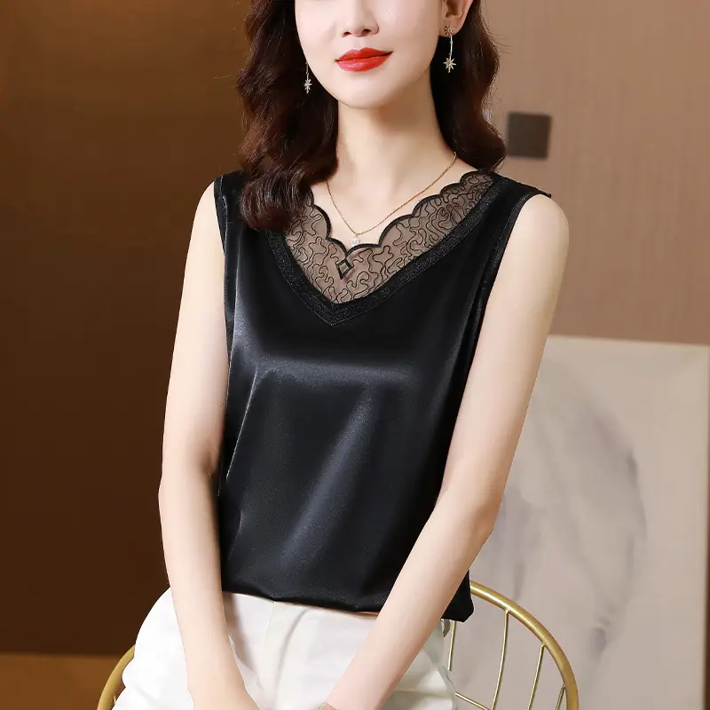 Women Satin V-Neck Lace Camisole Large