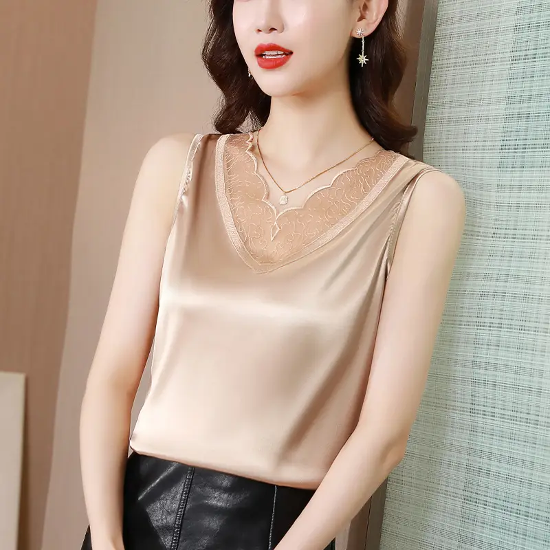Women Satin V-Neck Lace Camisole Large