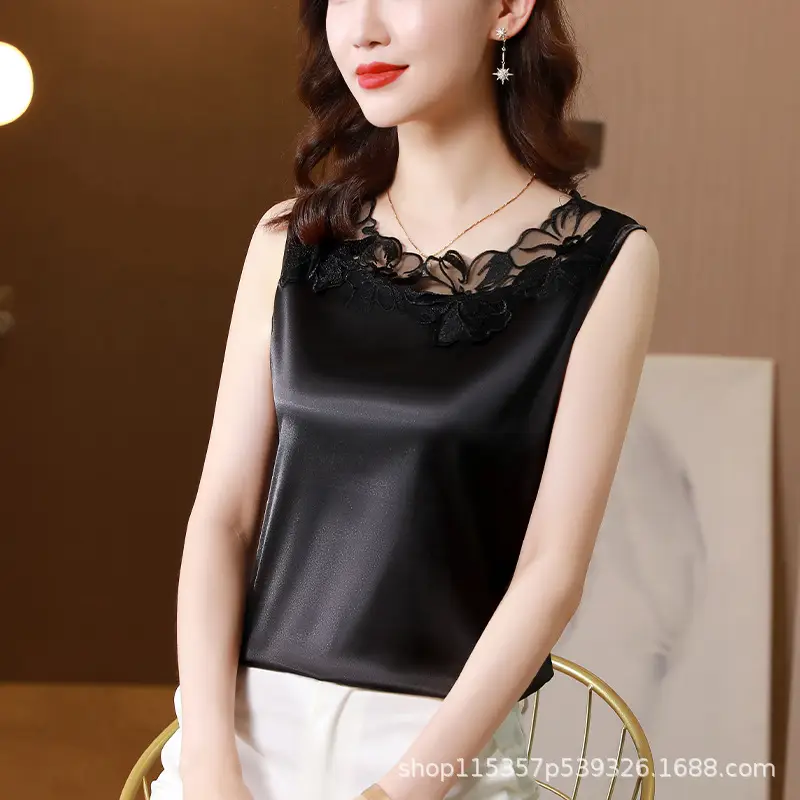 Women Satin V-Neck Lace Camisole Large