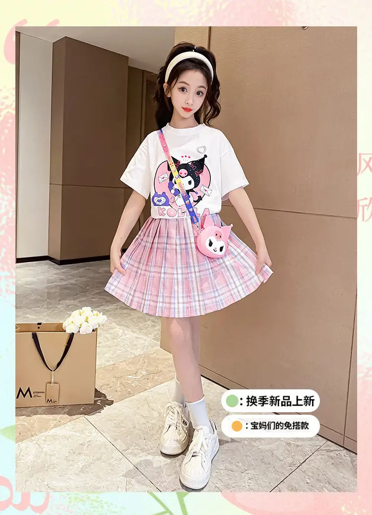 Girls Pink Plaid Skirt JK Uniform Summer Dress — feature 3