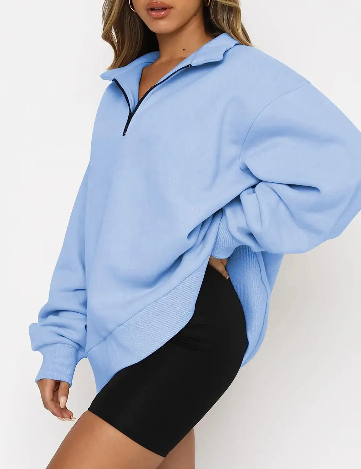 Women's Light Blue Zipper Hoodie Sweatshirt Long Sleeve — feature 12