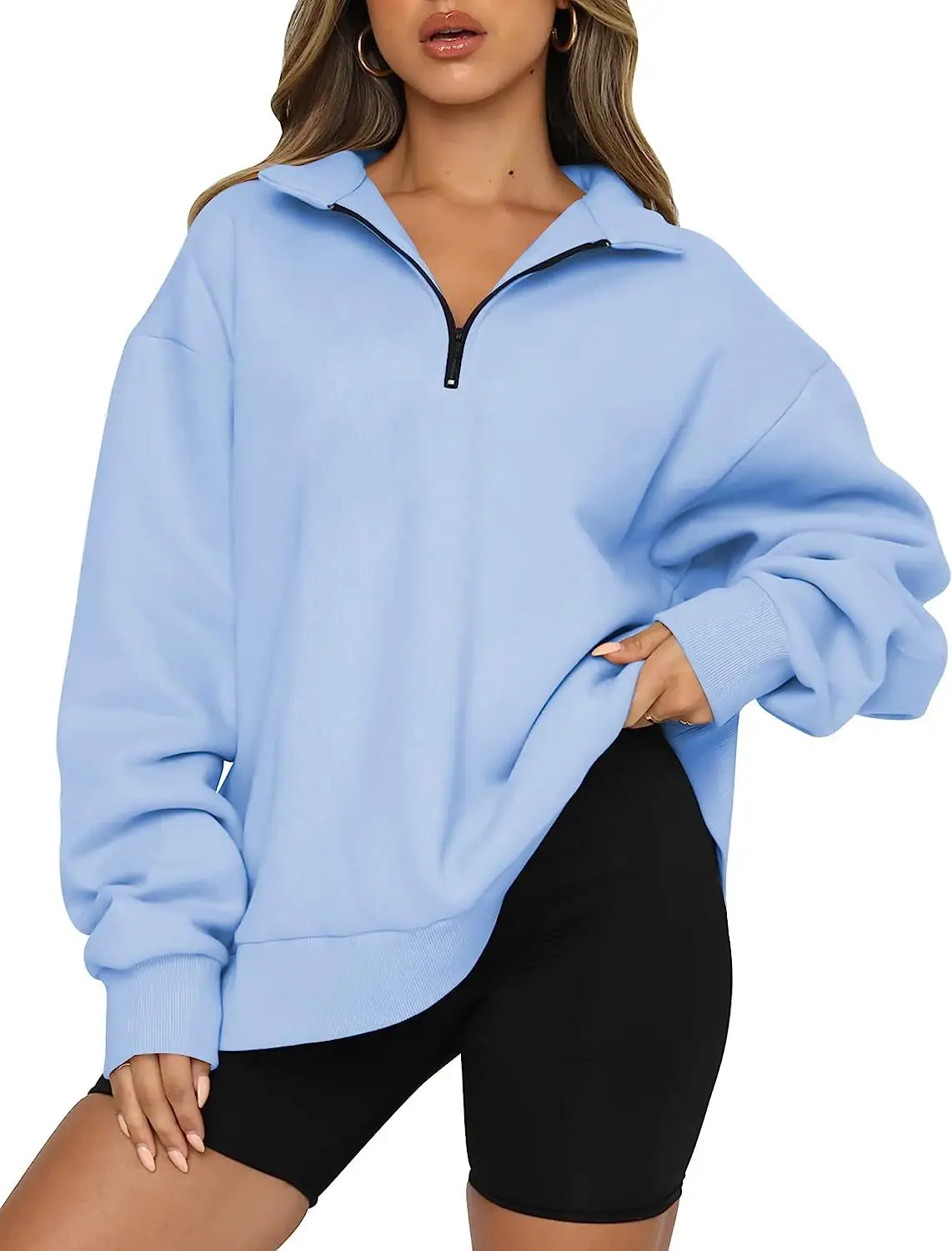 Women's Light Blue Zipper Hoodie Sweatshirt Long Sleeve - Image 5