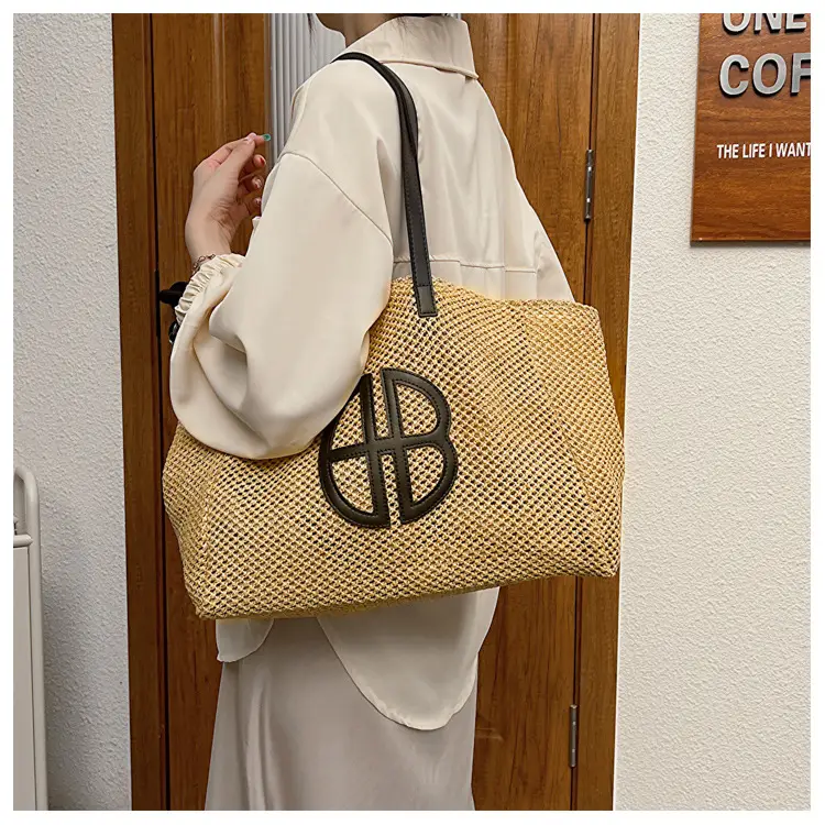 Women's Straw Woven Shoulder Bag with Logo — feature 10
