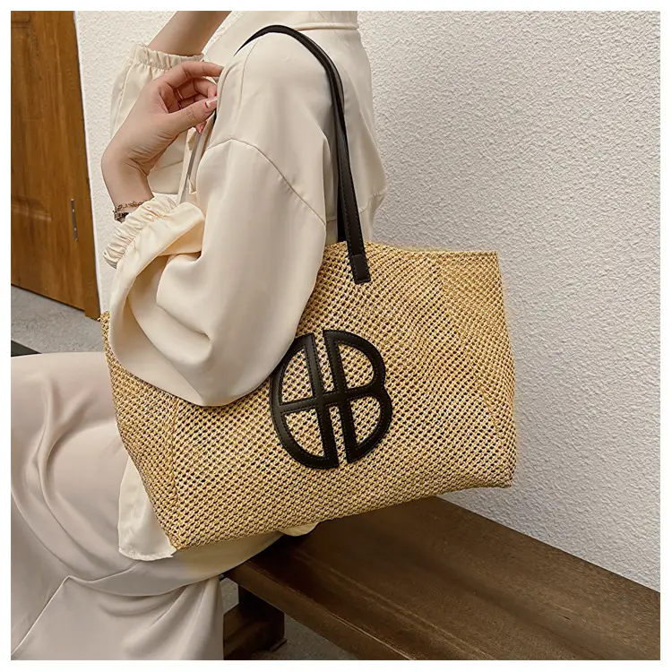 Women's Straw Woven Shoulder Bag with Logo — feature 11