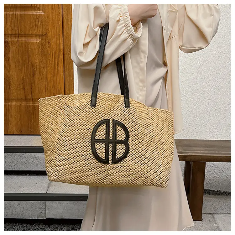Women's Straw Woven Shoulder Bag with Logo — feature 13