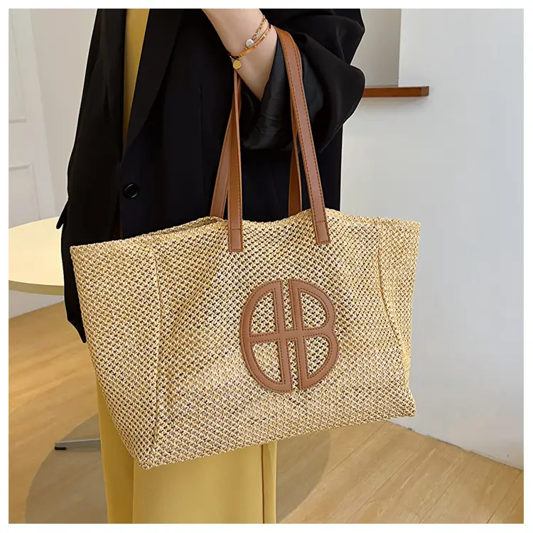Women's Straw Woven Shoulder Bag with Logo — feature 14
