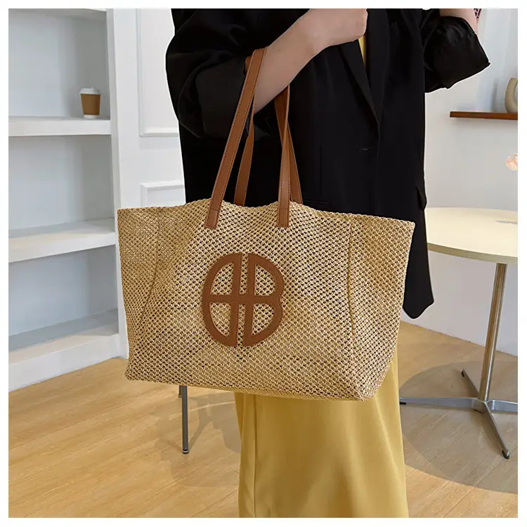 Women's Straw Woven Shoulder Bag with Logo — feature 16