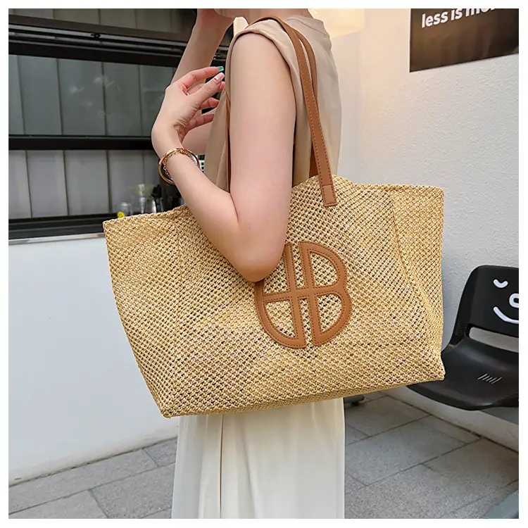 Women's Straw Woven Shoulder Bag with Logo — feature 18