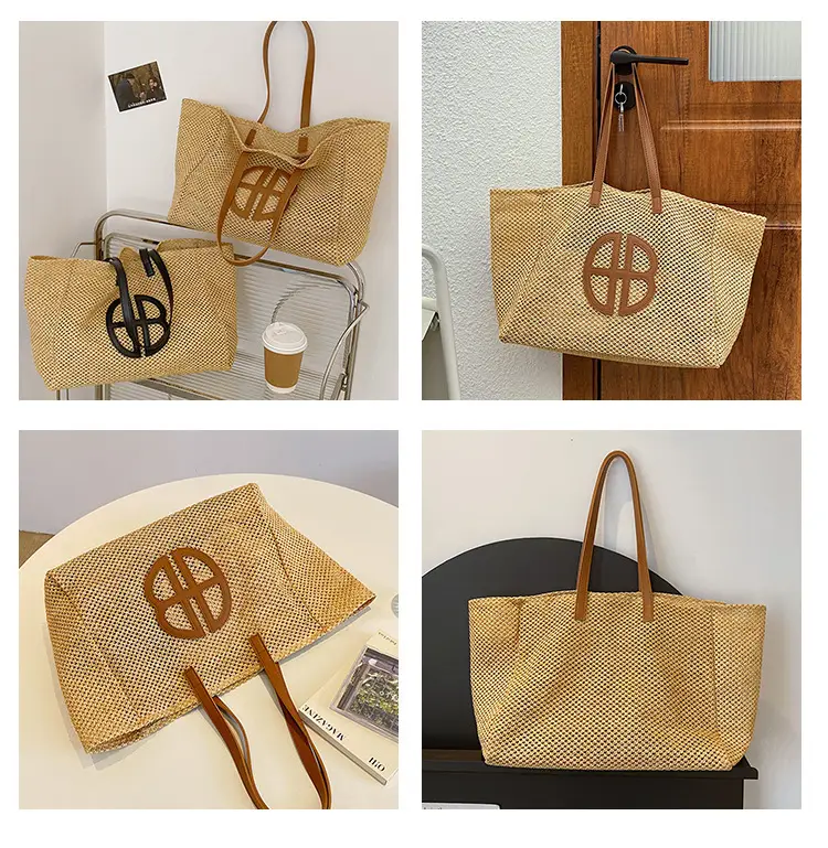 Women's Straw Woven Shoulder Bag with Logo — feature 8