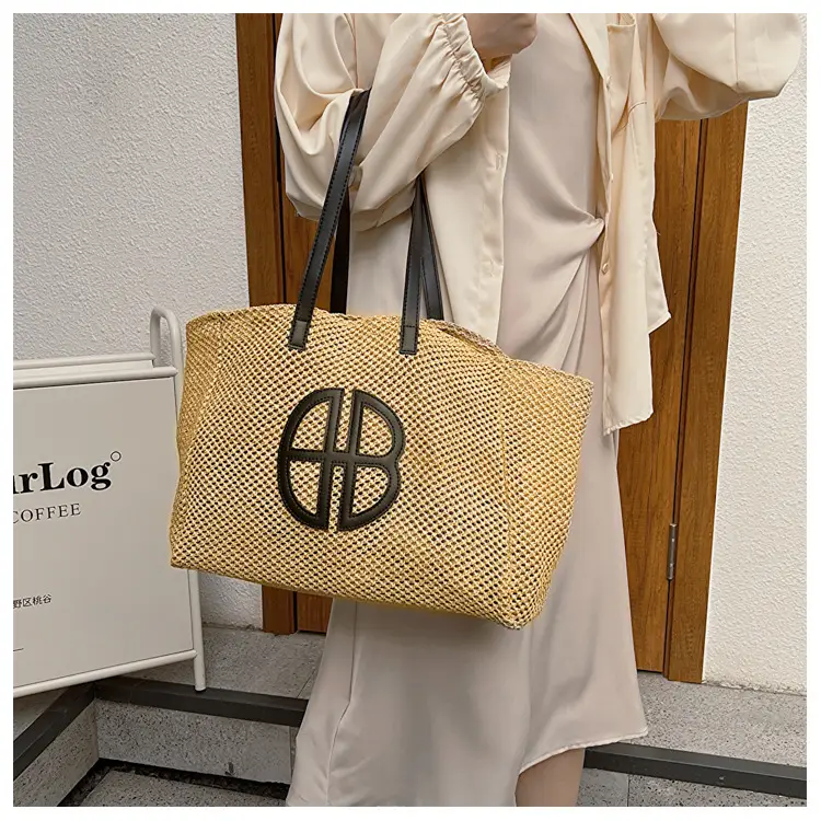 Women's Straw Woven Shoulder Bag with Logo — feature 9