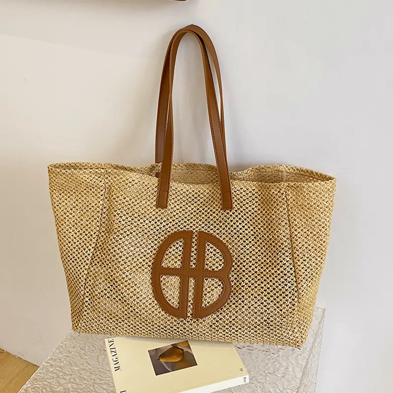 Women's Straw Woven Shoulder Bag with Logo - Image 2