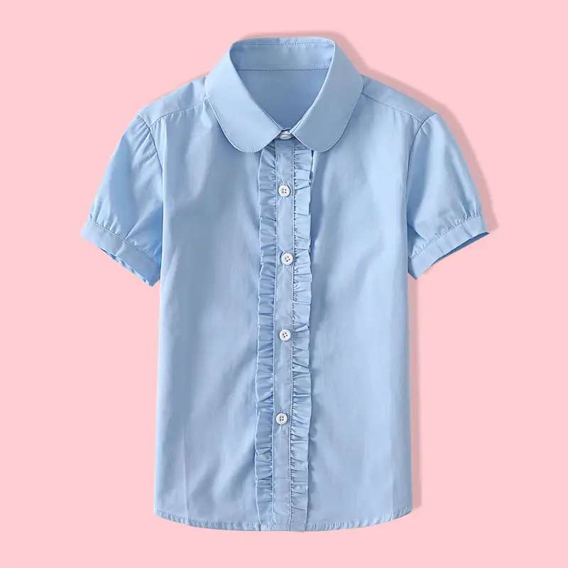 Girls Cotton Short Sleeve Shirt Blue Summer Middle School