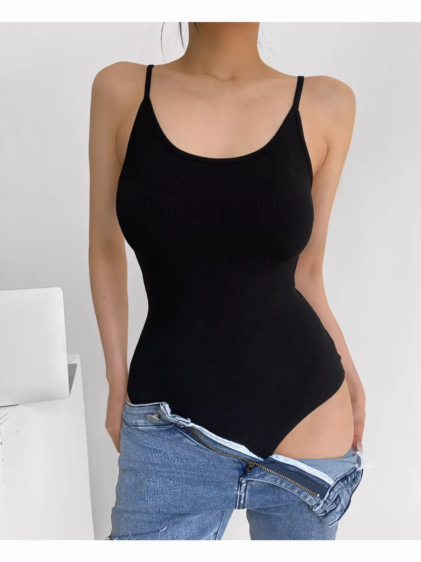 Black V-Neck Sleeveless Women's One-Piece Vest - Image 10