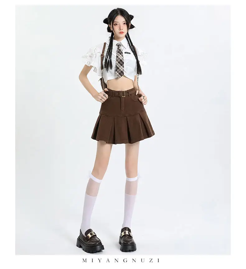 Brown High Waist Hip Pleated Skirt for Women — feature 15