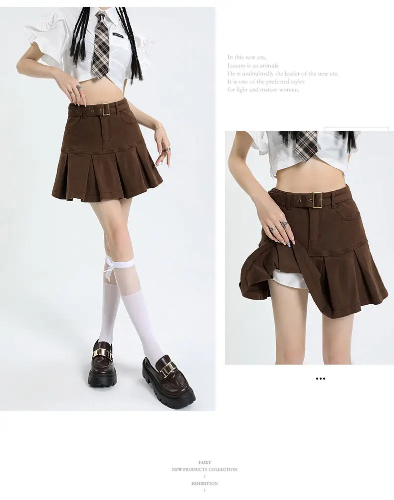 Brown High Waist Hip Pleated Skirt for Women — feature 16