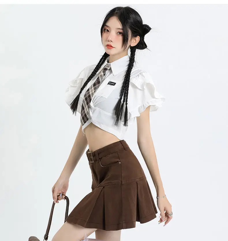 Brown High Waist Hip Pleated Skirt for Women — feature 17