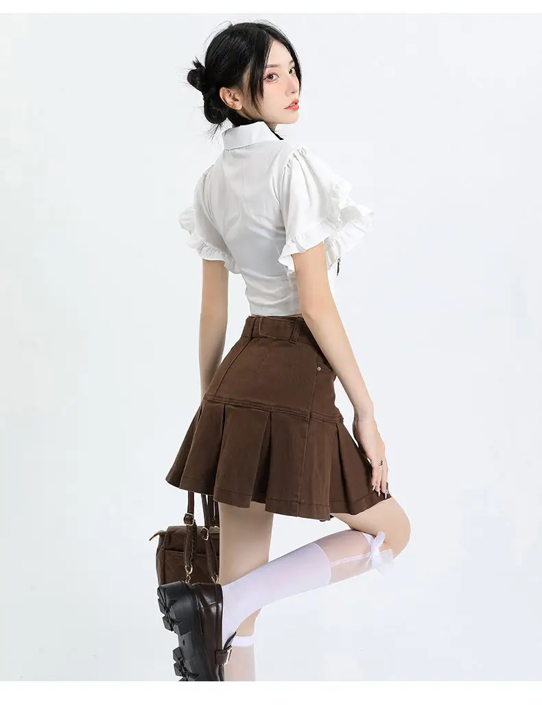 Brown High Waist Hip Pleated Skirt for Women — feature 19