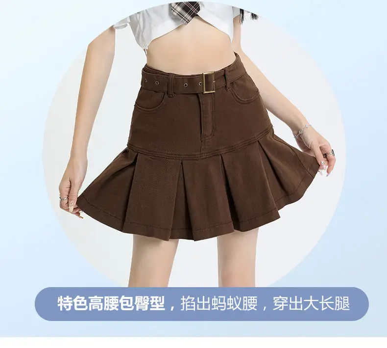 Brown High Waist Hip Pleated Skirt for Women — feature 3