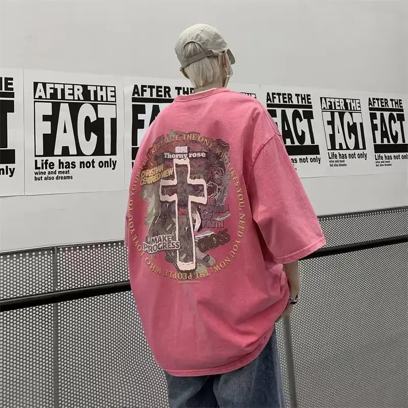 American Style Retro Dirty Pink Heavy Men's T-Shirt Pure Cotton Trendy Brand European and American High Street Short Sleeve hiphop Pui Shuai 5-point Sleeve - Image 5