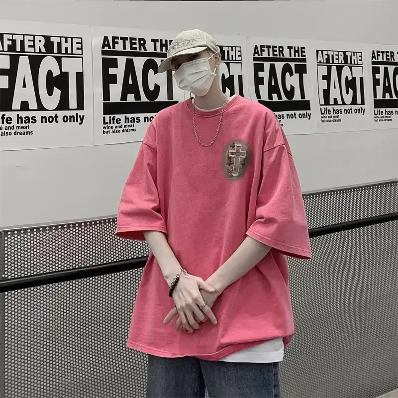 American Style Retro Dirty Pink Heavy Men's T-Shirt Pure Cotton Trendy Brand European and American High Street Short Sleeve hiphop Pui Shuai 5-point Sleeve - Image 9