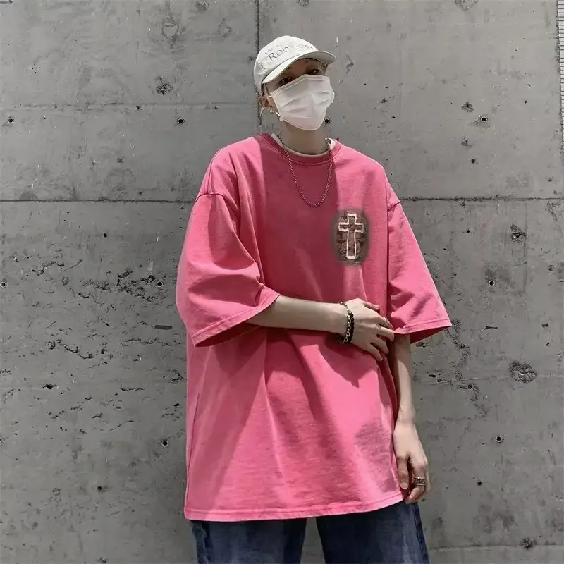 American Style Retro Dirty Pink Heavy Men's T-Shirt Pure Cotton Trendy Brand European and American High Street Short Sleeve hiphop Pui Shuai 5-point Sleeve — feature 11