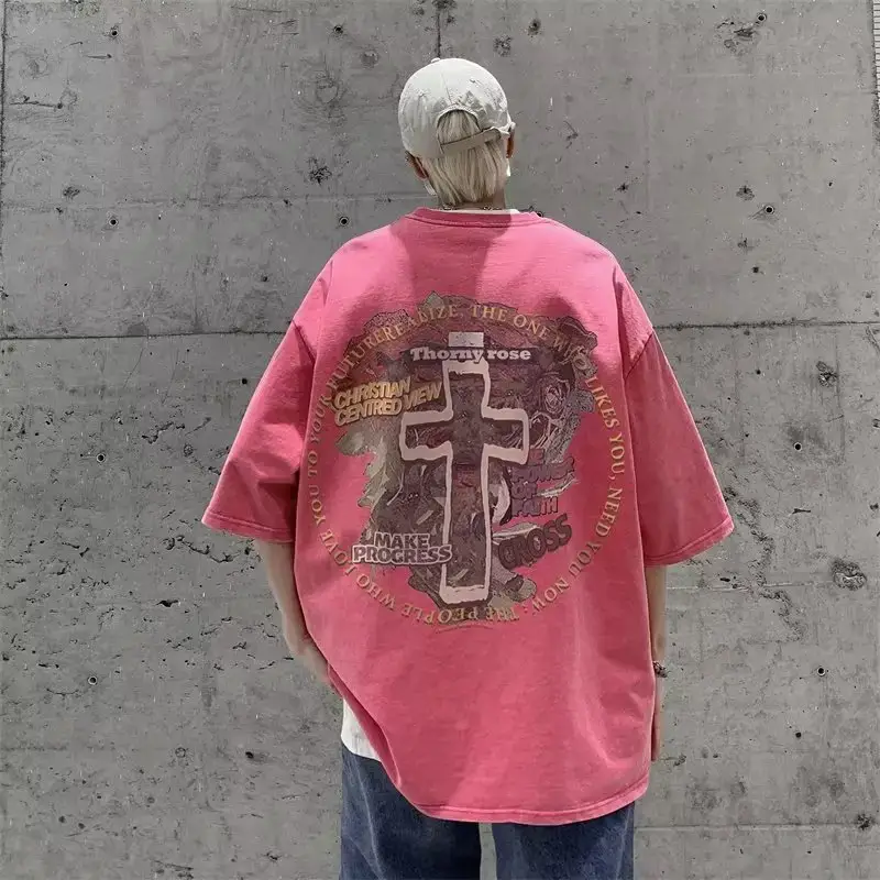 American Style Retro Dirty Pink Heavy Men's T-Shirt Pure Cotton Trendy Brand European and American High Street Short Sleeve hiphop Pui Shuai 5-point Sleeve — feature 12