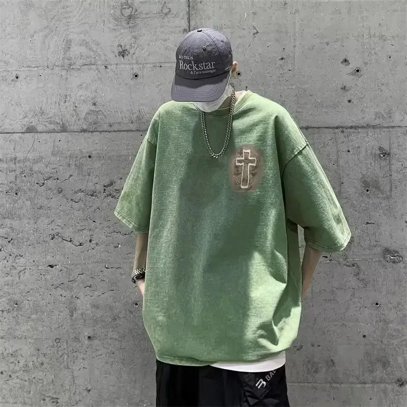 American Style Retro Dirty Pink Heavy Men's T-Shirt Pure Cotton Trendy Brand European and American High Street Short Sleeve hiphop Pui Shuai 5-point Sleeve — feature 20