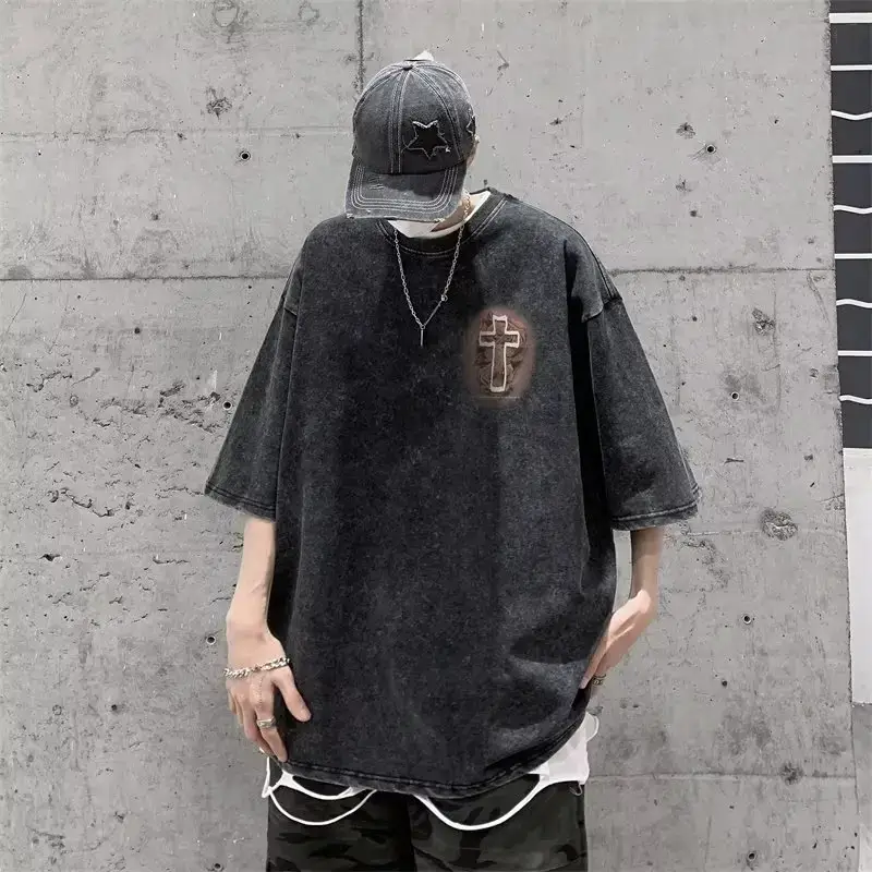 American Style Retro Dirty Pink Heavy Men's T-Shirt Pure Cotton Trendy Brand European and American High Street Short Sleeve hiphop Pui Shuai 5-point Sleeve — feature 3