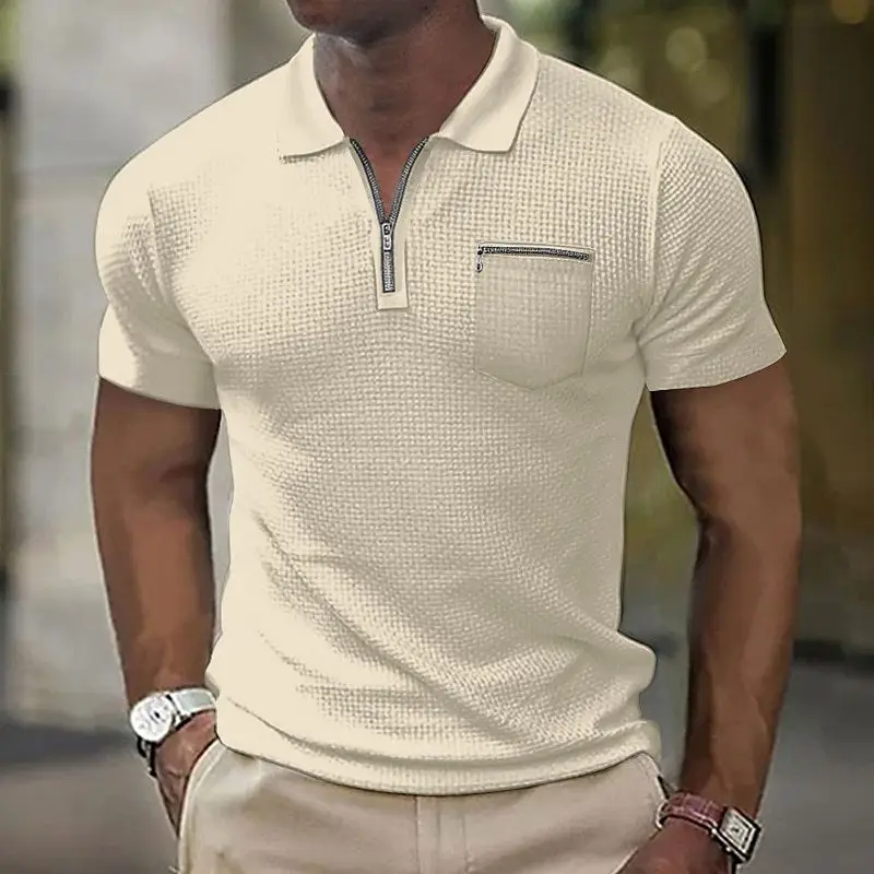 Men's Grey Waffle Polo Shirt with Zipper Pocket - Image 7