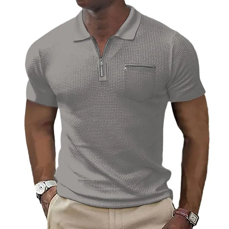 Men's Grey Waffle Polo Shirt with Zipper Pocket - Image 10