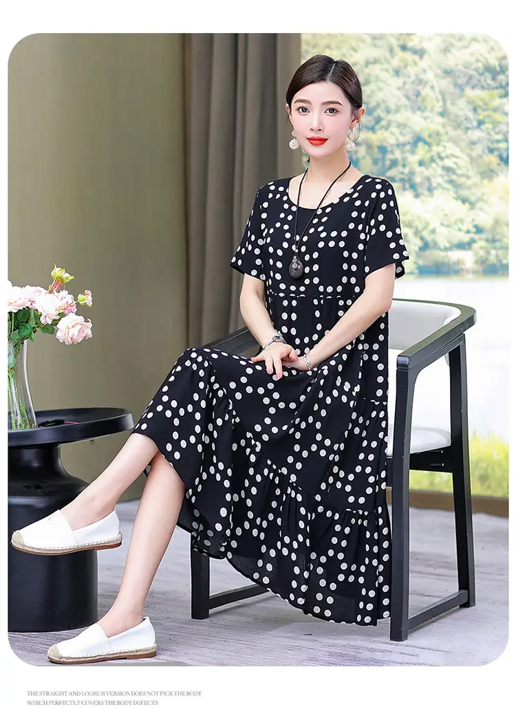 Women's Black White Polka Dot Cotton Silk Summer Dress Plus Size — feature 20