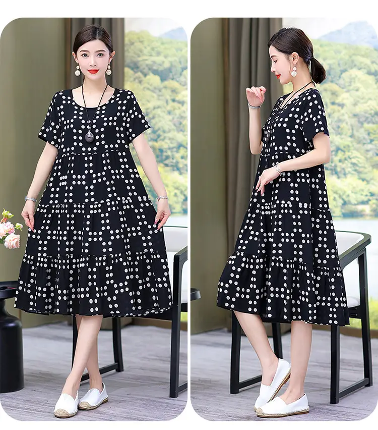 Women's Black White Polka Dot Cotton Silk Summer Dress Plus Size — feature 21