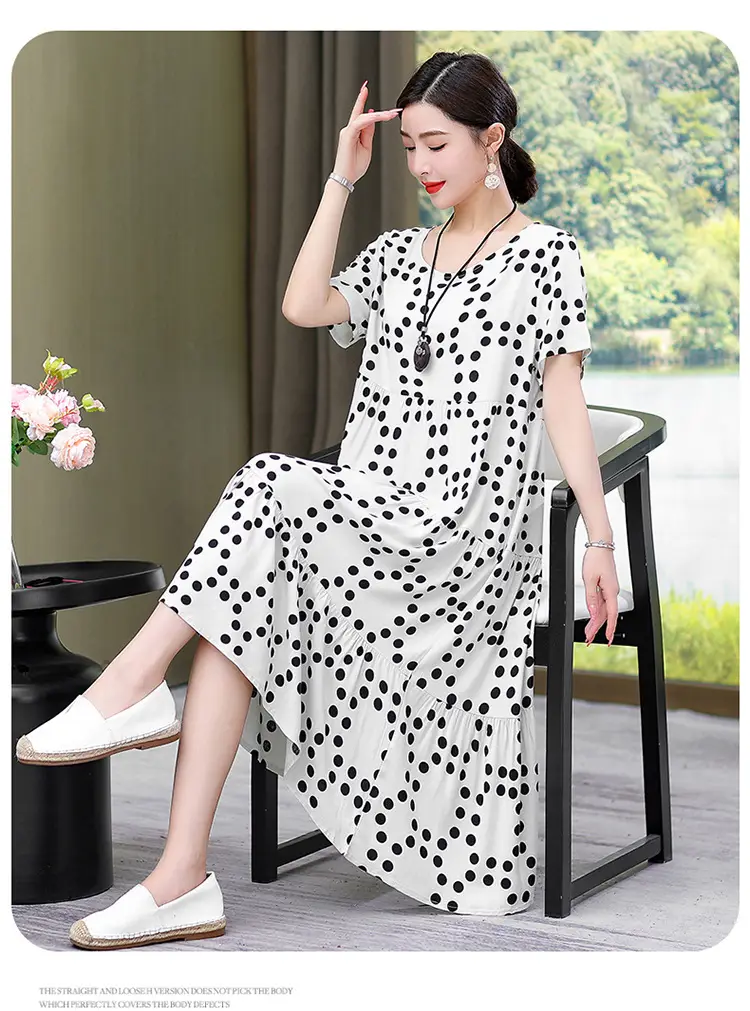 Women's Black White Polka Dot Cotton Silk Summer Dress Plus Size — feature 22