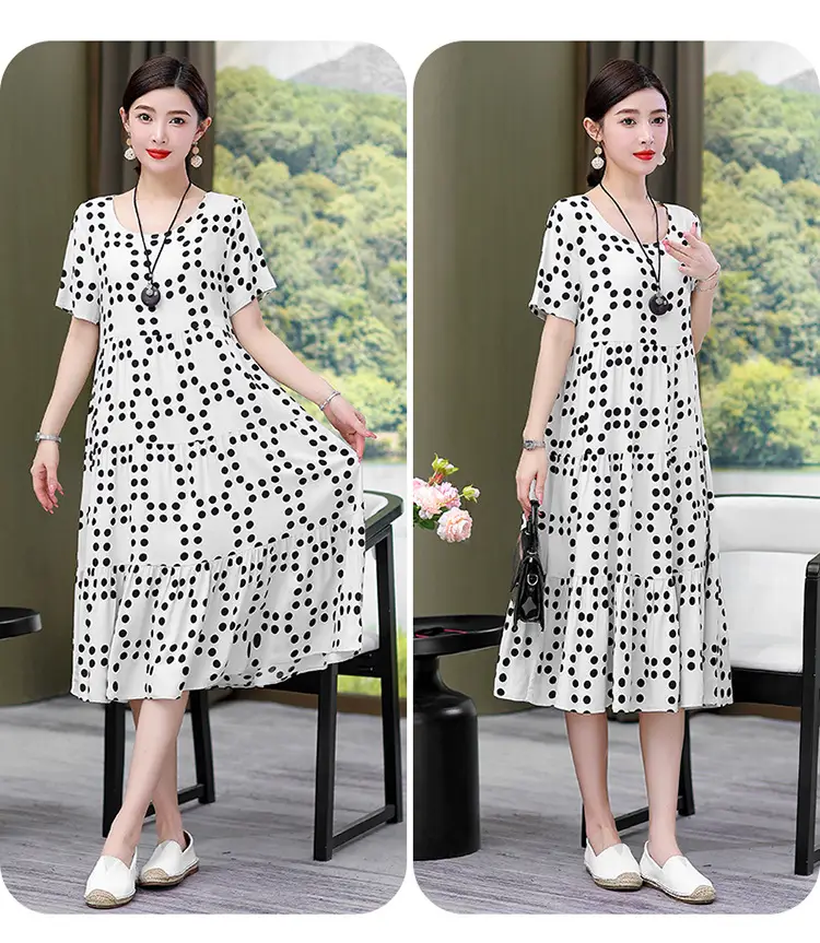 Women's Black White Polka Dot Cotton Silk Summer Dress Plus Size — feature 23