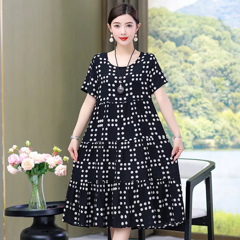 Women's Black White Polka Dot Cotton Silk Summer Dress Plus Size - Image 4
