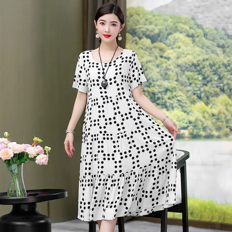 Women's Black White Polka Dot Cotton Silk Summer Dress Plus Size - Image 5