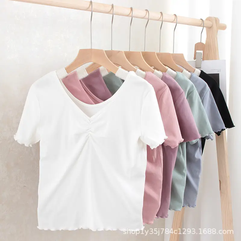 2023 Summer V Collar Pleated T-Shirt Mint Green - Image 7
