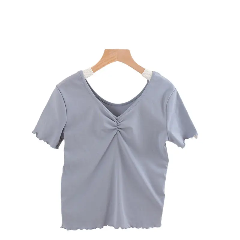 2023 Summer V Collar Pleated T-Shirt Mint Green - Image 11