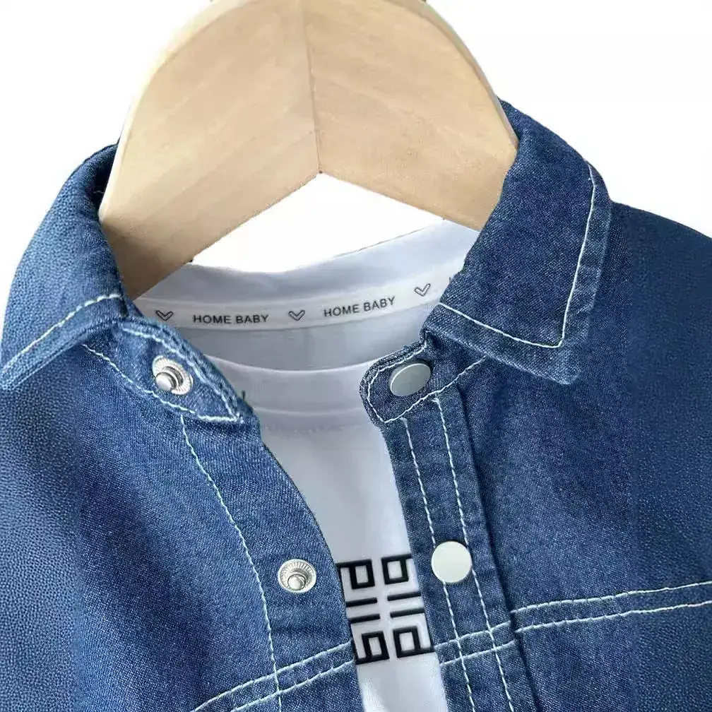New Autumn Clothing for Middle and Large Children, Boys and Children, Solid Color Washed Primary Color Denim Shirts, Denim Jackets Wholesale - Image 5