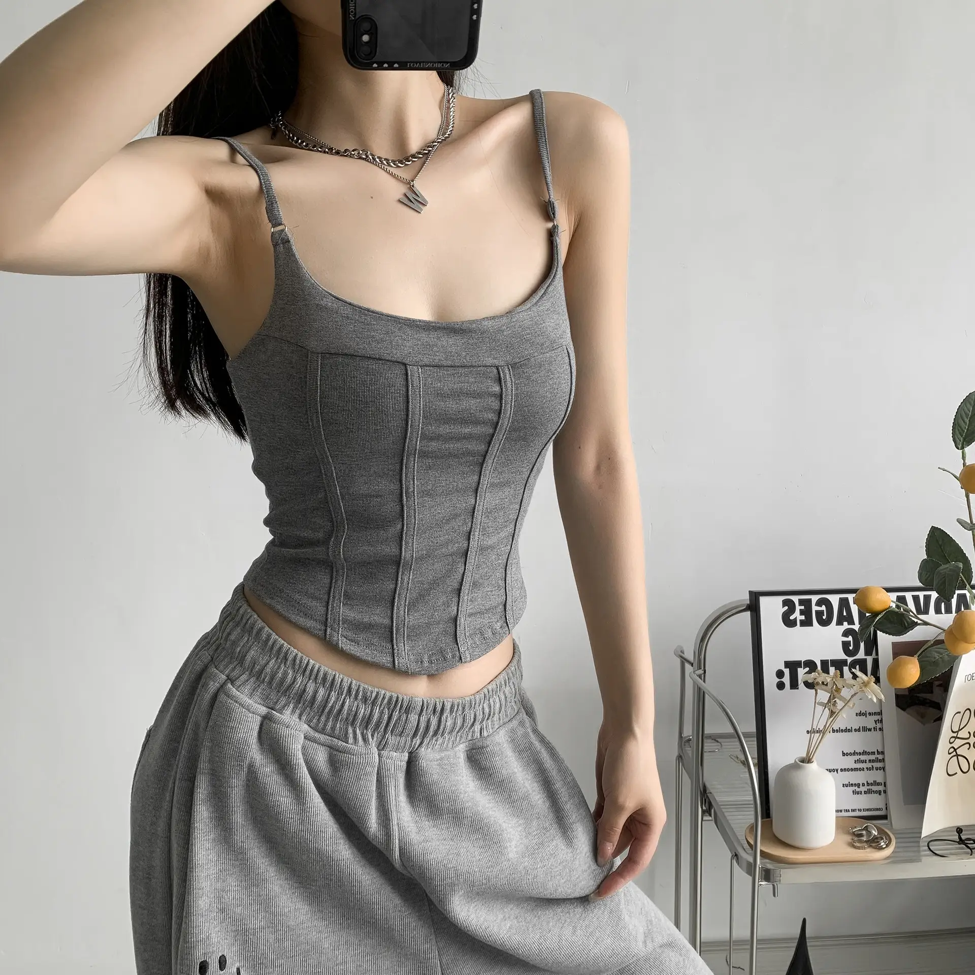 Pink Fishbone Stitching Chest Pad Camisole Vest Women 2023 Summer - Image 4