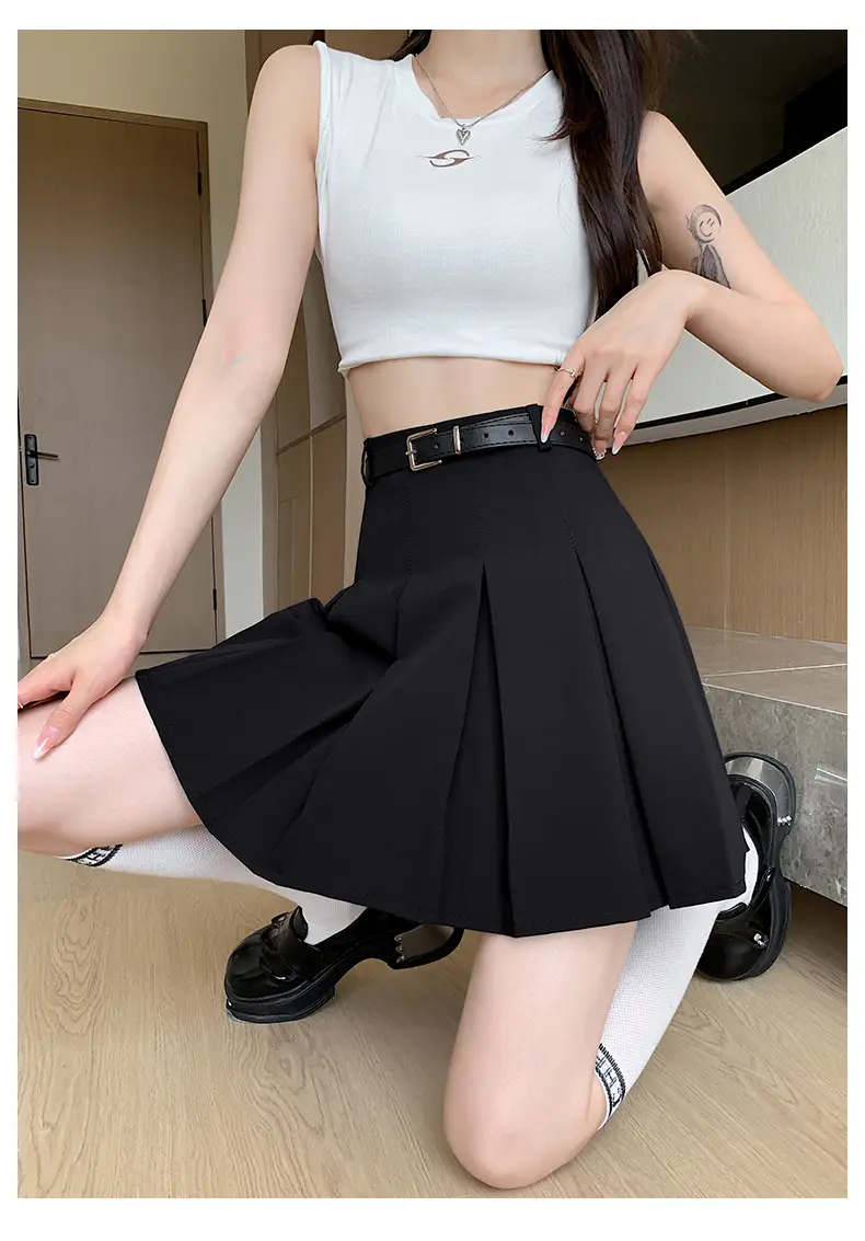 Women Pleated Black Skirt High Waist A-Line — feature 31