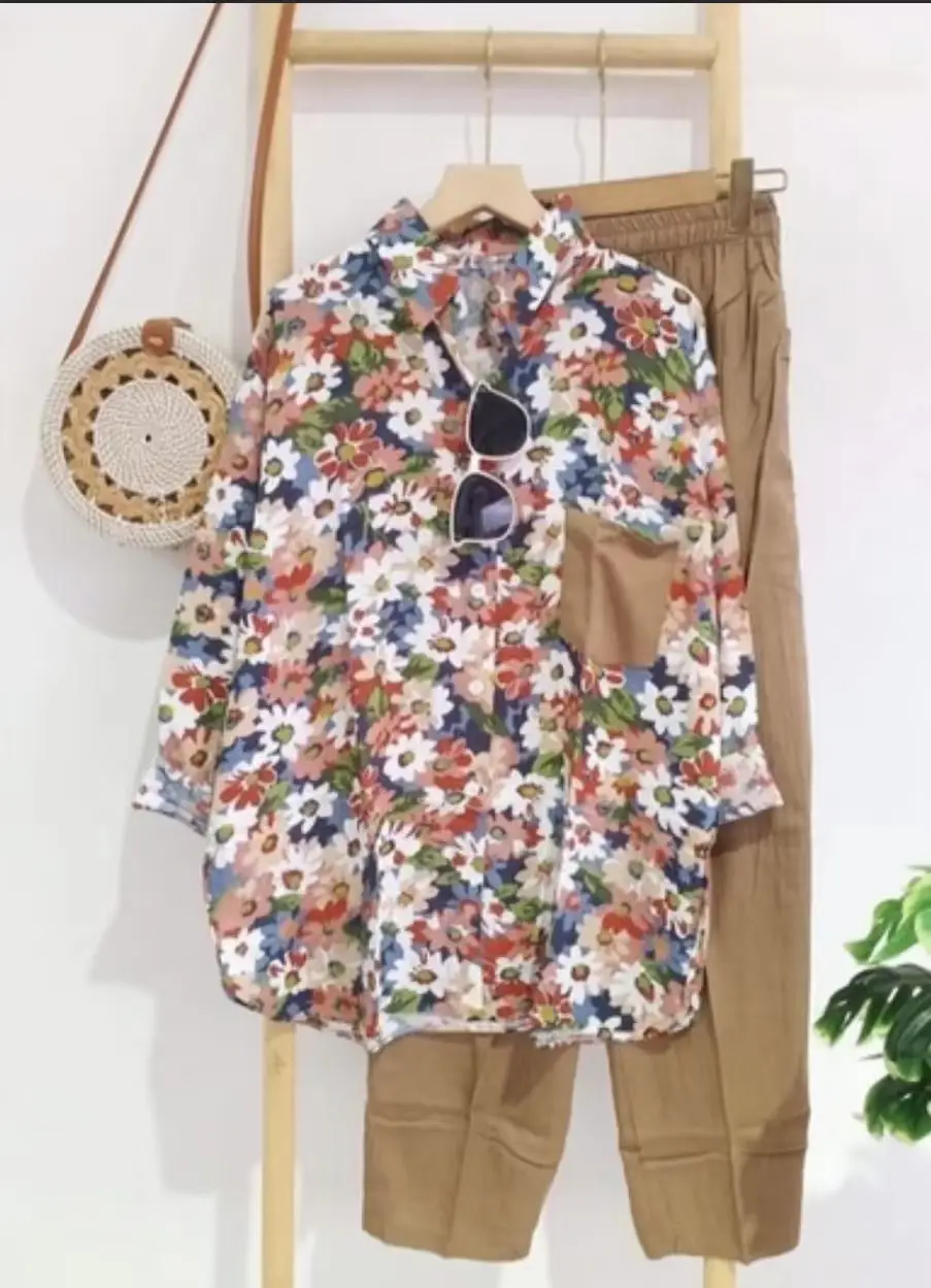 2023 Summer Women's Printed Cotton Suit Turquoise - Image 11