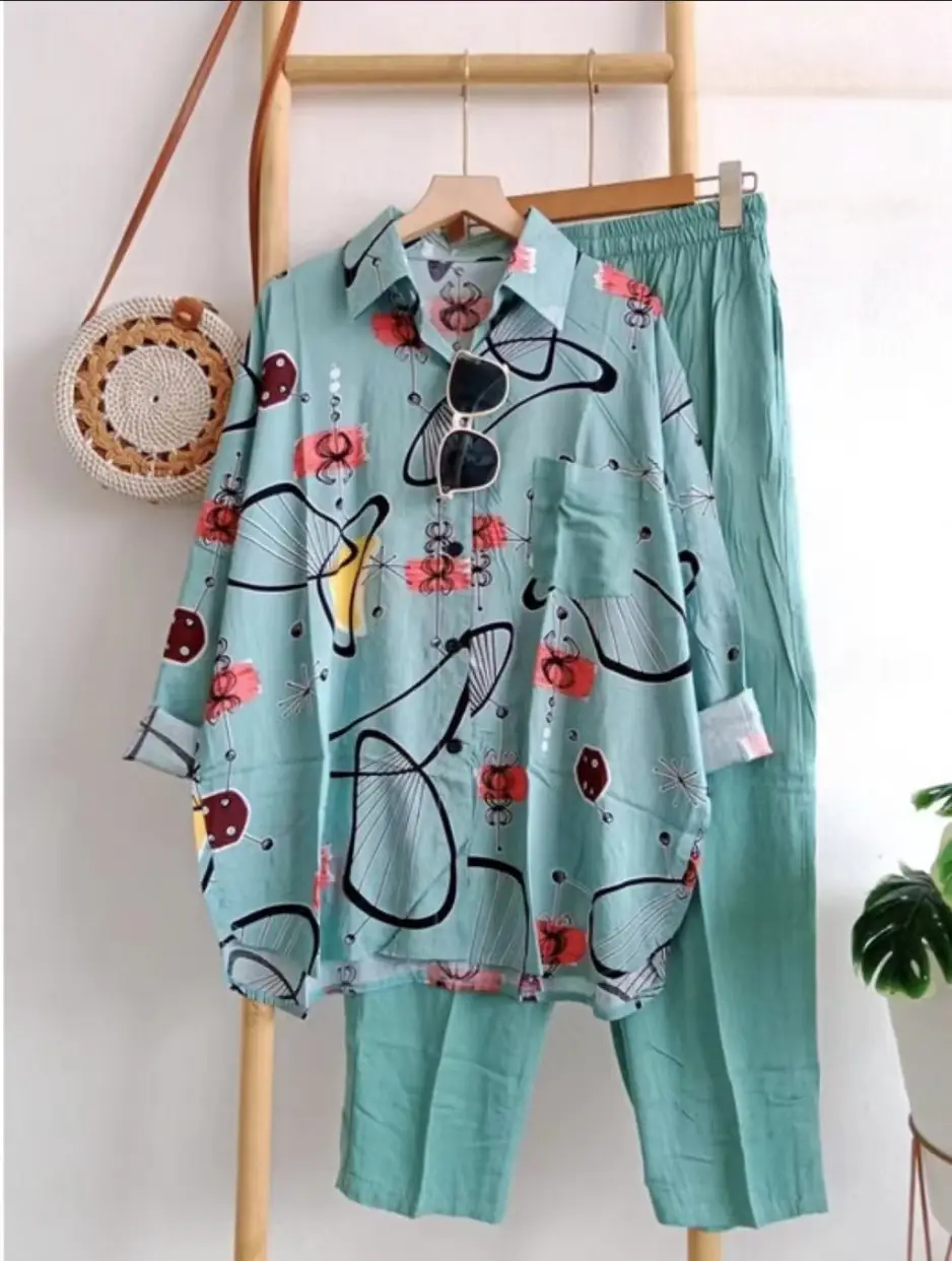 2023 Summer Women's Printed Cotton Suit Turquoise - Image 12